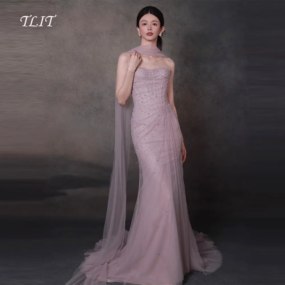 TLIT Gaun Pengantin Tulle Sutra Ungu Elegan 웨딩드레스 Selendang Panjang Mutiara Sayang Gaun Pengantin Korea Pemotretan Sesuai Pesanan