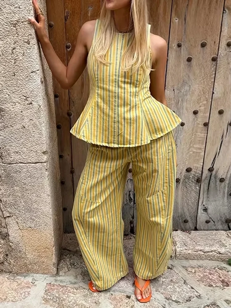 Fashion Striped Printed Women'S Two Piece Set New Design Loose Holiday Suit O Neck Vest Top And Straight Leg Pants Summer Outfit