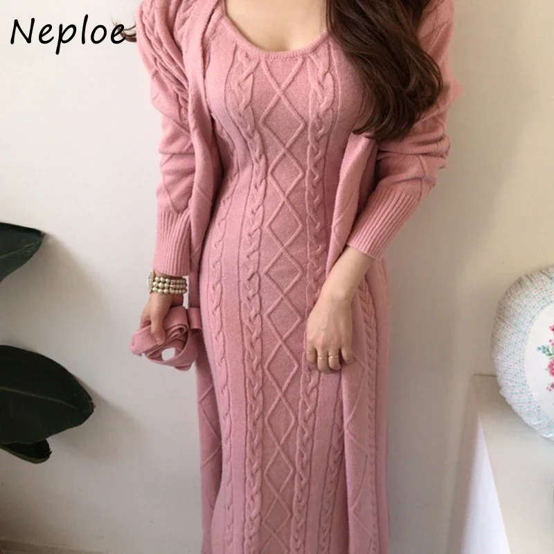 Neploe Elegant Chic Argyle Twist Patchwork Cardigans Casual Solid Color Sweater Dress Drawstring Slim Waist Women Dresses Coat