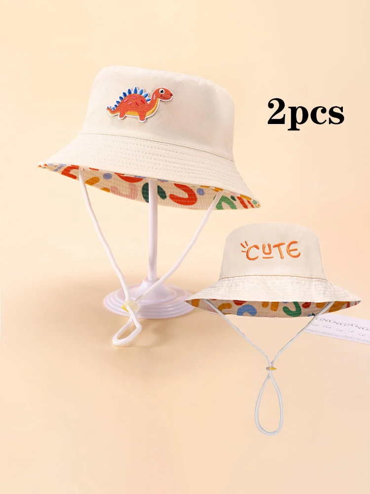 

2pc2-8Y children's dinosaur and letter-patterned fisherman hats, baby sun hats for boys and girls, basin hats and four-season fi