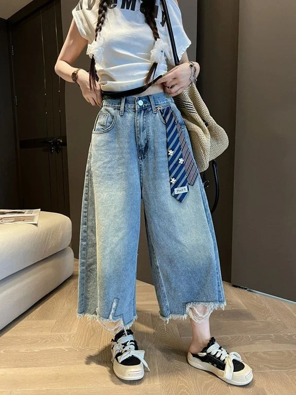 

Retro American Faded Wide Leg Jeans Women's Summer plus Size 300 Pounds Fat MM Slimming Casual Pants Korean Style Loose Fit