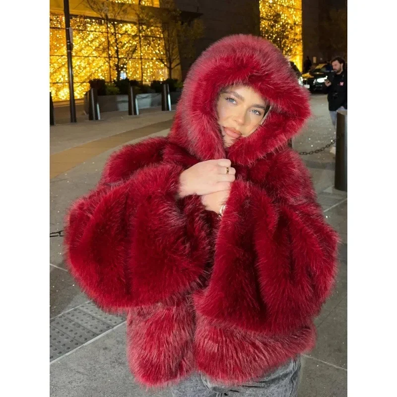 Hooded Coat Women Winter Jacket Red Fur Coats Long Sleeves Fluffy Jacket Fashions Artificial Fur Jackets Hot Luxury Clothing