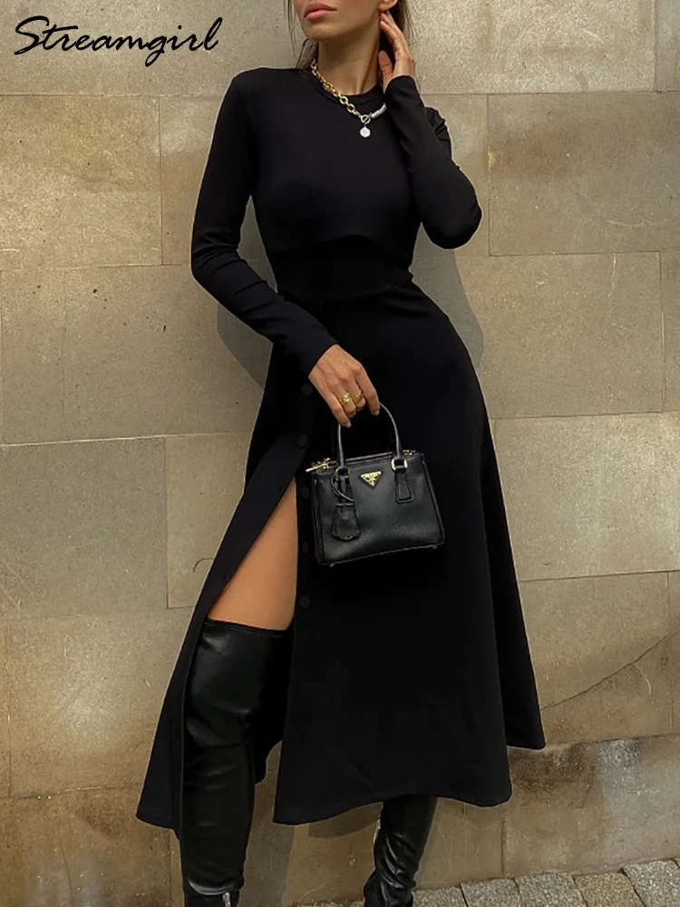 Women\'s Dress Long Sleeves Slim Chic And Elegant Woman Dress Black Button Dress Maxi Slit Long Dresses For Women 2023 Spring