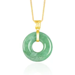 18K Gold Inlaid With Natural Burmese A-grade Full Green Jade Ring Pendant Donut Necklace Ice Jadeite Charms For Women's Jewelry