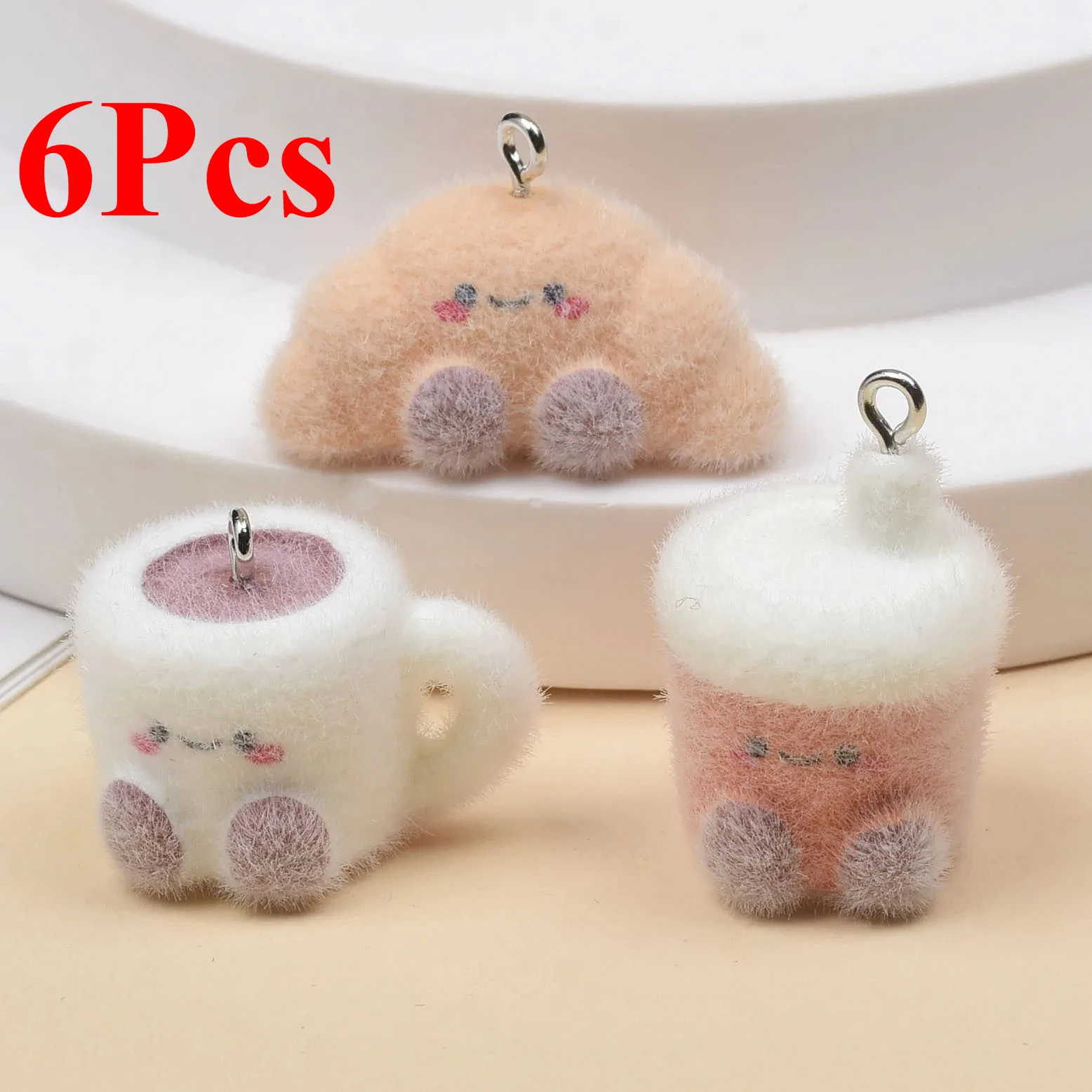 

6pcs DIY Flocked Charms Bread Milk Tea Croissant Pendant for Keychain Bag Charm Phone Jewelry Accessories Making