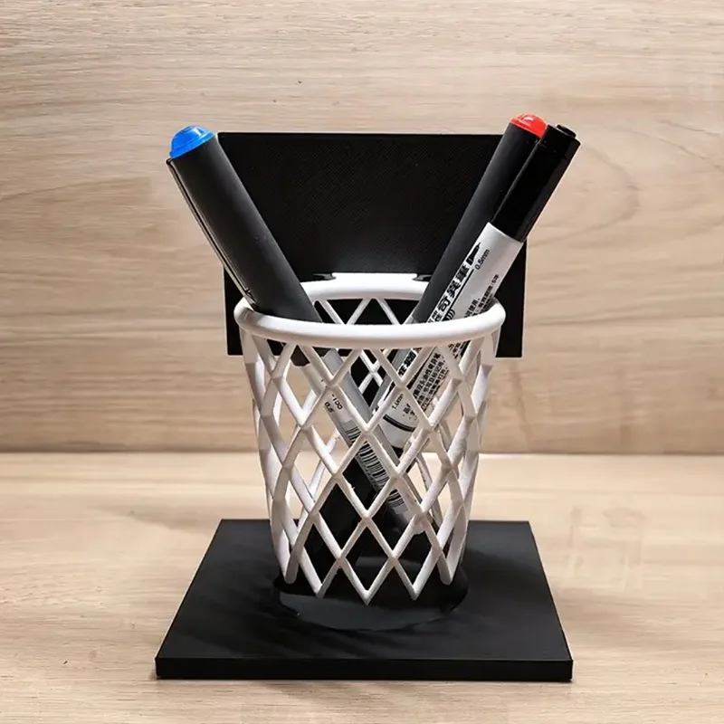 Creative 1pc 3D Printed Basketball Hoop Pen Holder Desktop Organizer Black White Mesh Design Space Saving Cool Office Gift