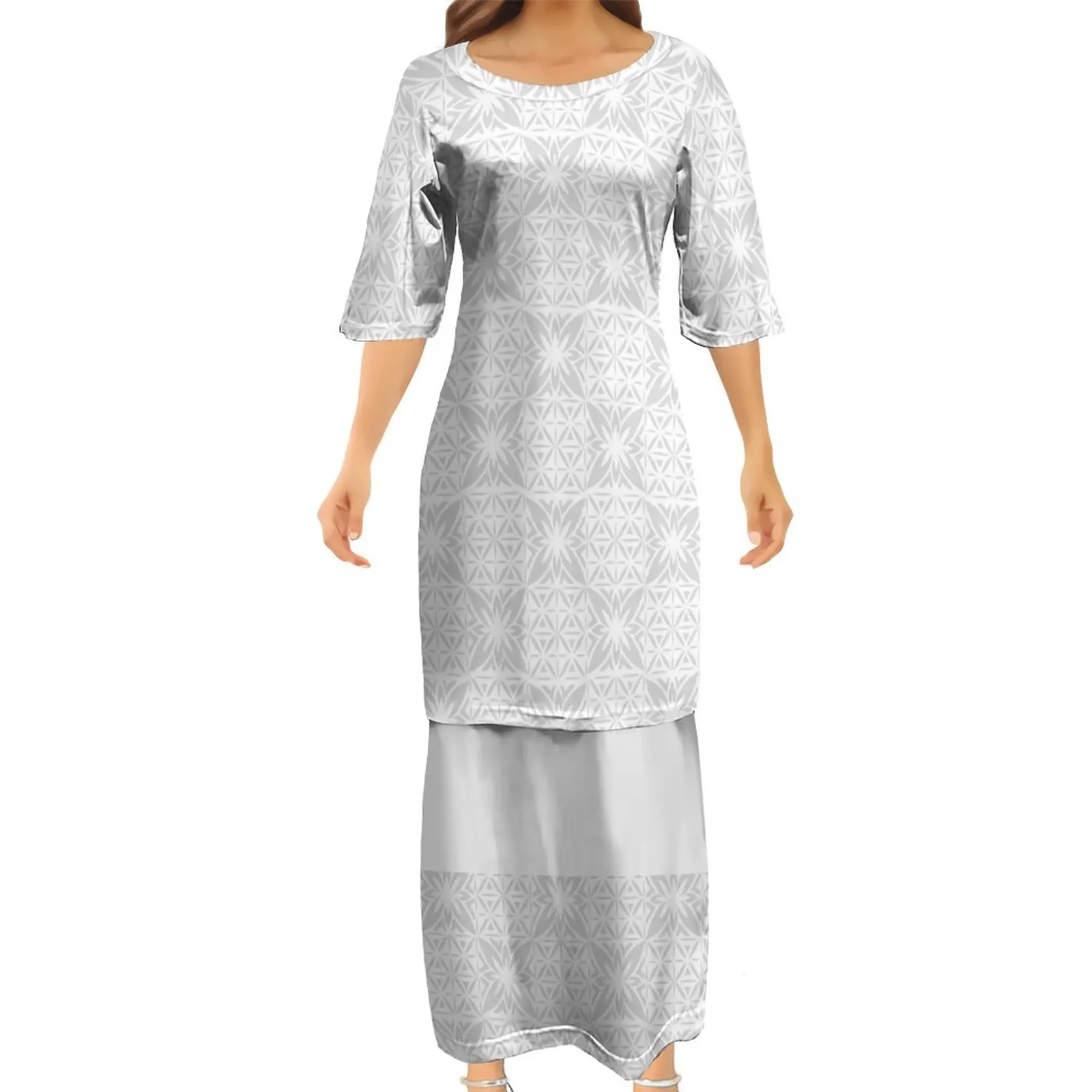 2024 New mother day  Samoa Puletasi Set round  Neck Custom Polynesian Tribal White Design Womens 2 Piece Set Dresses