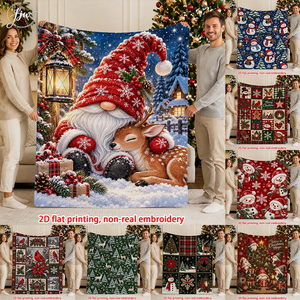 1pc Christmas Gnome  Snowman Printed Flannel Throw Blanket, Winter Festive Soft Cozy Blanket for Home Couch Bed