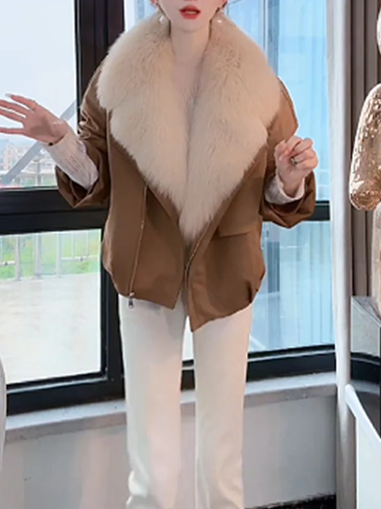 

Caramel Retro Large Fur Collar Color down Cotton Jacket Women's Winter New Style High-End Warm Cotton Coat Outerwear