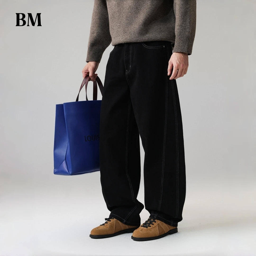 Mens Wide Leg Jeans Denim Vintage Loose Fit Hip Hop Streetwear Contrast Stitching High Quality Casual Comfort Urban Fashion