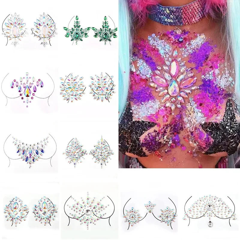 Pegatinas de tatuaje falso temporal para mujeres, joyas de cristal para el pecho, pegatinas de diamantes de imitación, sombra de ojos, ojos