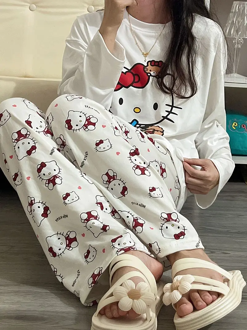 Sanrio Kawaii Hello Kitty Pajamas Women Long Sleeves Pants Home Set Cute Cat Y2K Girl Dormitory Casual Fall Wear Clothing Gift