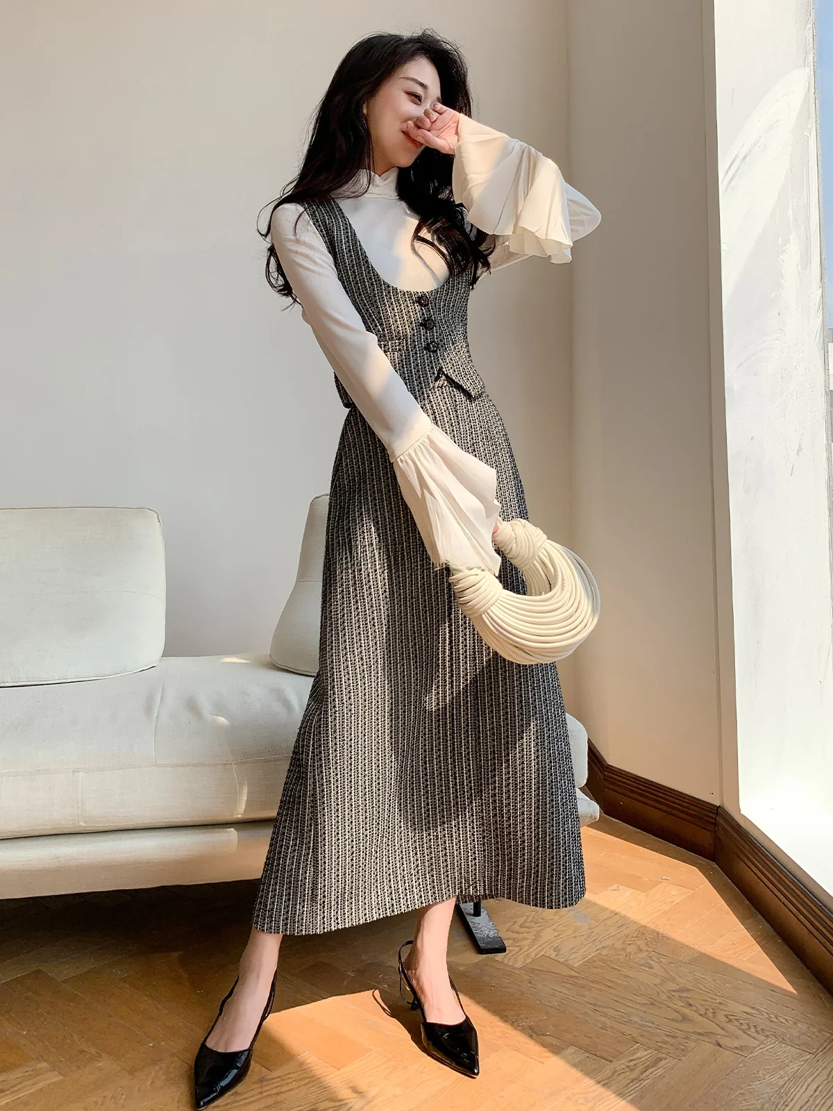 

Garbociaga Slim Fit f Skirt with Wool Stripe Design Small Fraance Sle High Waist A-Line Midi Skirt for Women