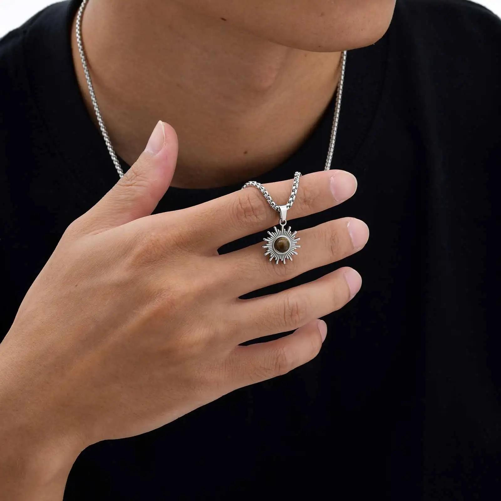 أزياء الشمس عين النمر الطبيعة حجر قلادة قلادة للرجال، فضية اللون الفولاذ المقاوم للصدأ قلادة، فاسق مجوهرات شخصية #4