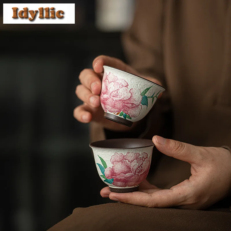 2pc/lot Old Rock Clay Light Makeup Peony Teacup Antique Tea Bowl Cute Cup Tea-tasting Personal Cup Jianzhan Master Cups Cha 70ml