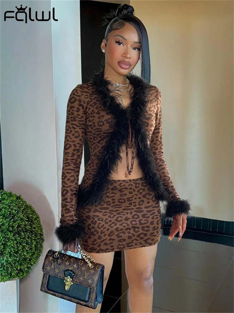 Habbris Winter Womens Leopard Print 2 Piece Set Y2K Party Outfits 2024 Faux Fur Fuzzy Long Sleeve V-Neck Crop Top+Matching Skirt