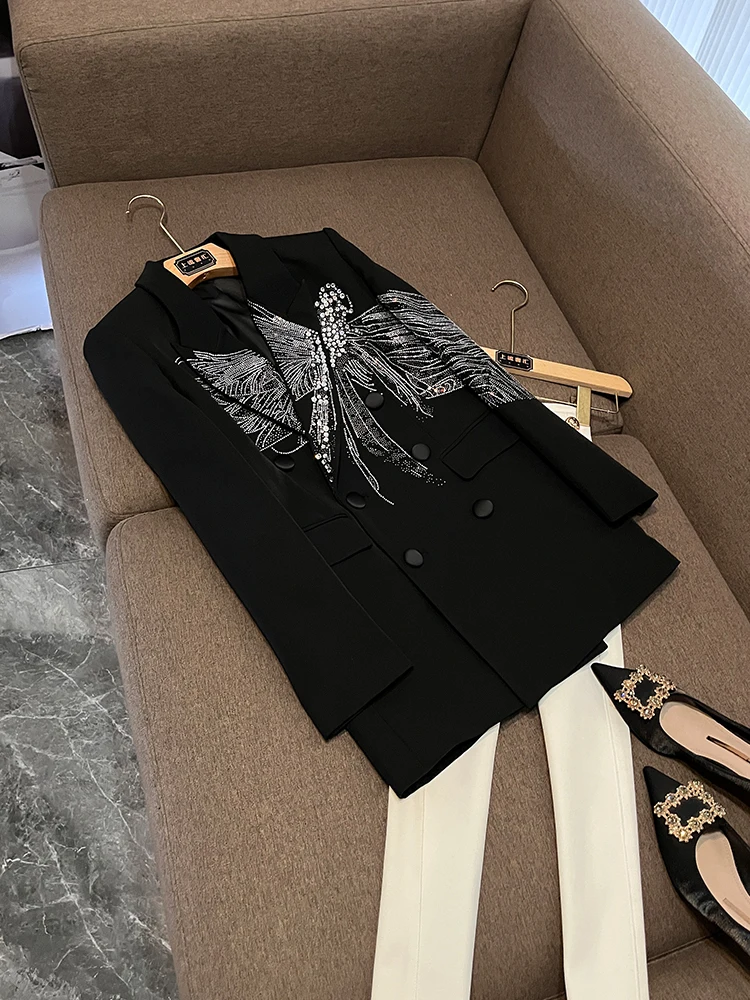 

Ele Lady's Long Sve Костюм Jaet Тяжелый Embelliment Dragoy Rhinestone Офисная одежда Свободного кроя Обычное длинное пальто Sve