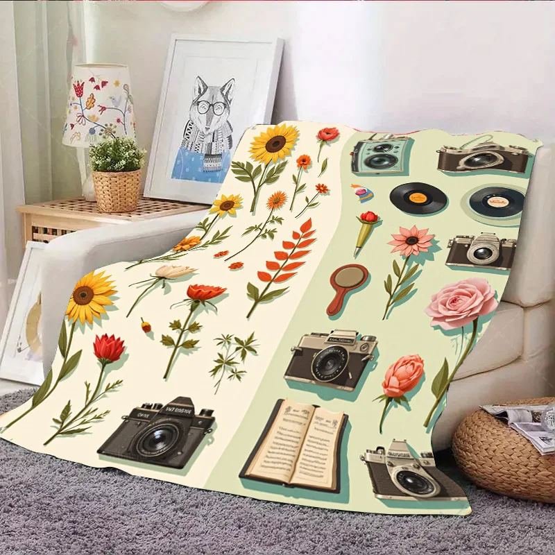 1 قطعة بطانية الفانيلا خمر الأزهار وكاميرا طباعة رمي بطانية لديكور المنزل مريح #4