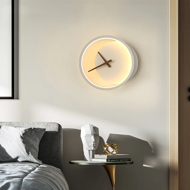 

Nordic clock wall lamps Living room Minimalist black and white wall art light Bedroom Bedside home decor minimalist lights
