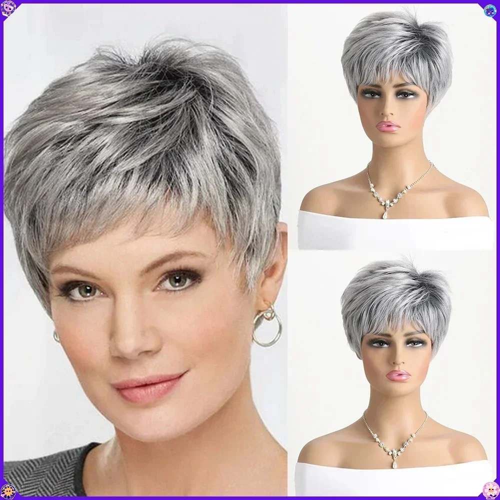 Short Grey Ombre Curly Synthetic Wig with Bangs Natural Wave Heat Resistant Costume Hair for Women Party Halloween Everyday