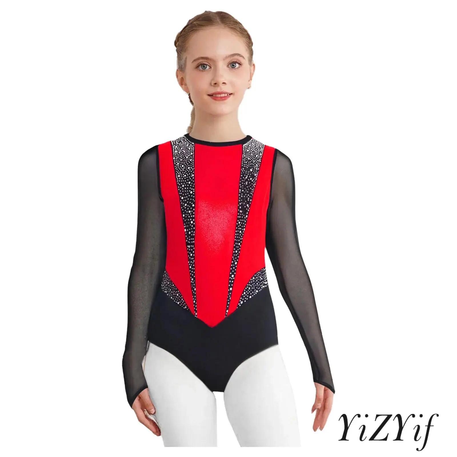 

Kids Girls Sparkle Gymnastics Dance Leotard Color Block Patchwork with Rhinestones Keyhole Back for Ice Skating Performances