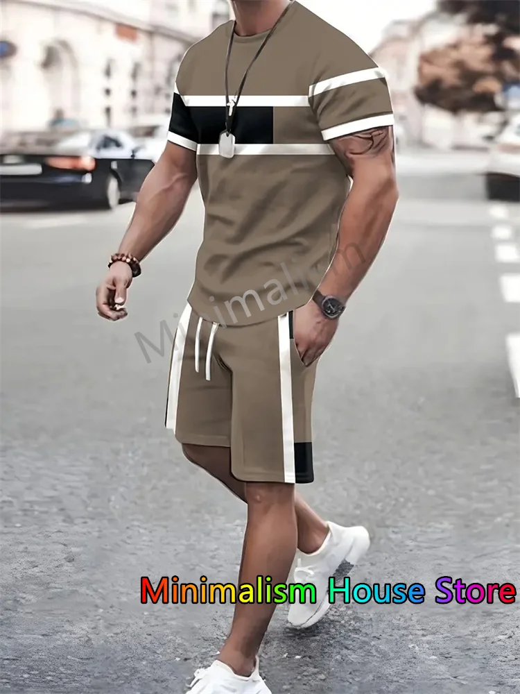 New Summer Men\'s Sportswear Stripe Sets Short-sleeved T-shirt Suit Oversized Shorts Training Two-piece Outfit Male Clothes