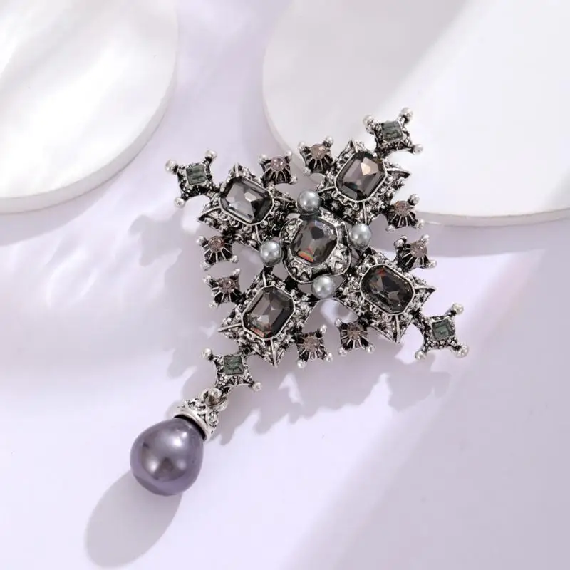 Vintage Baroque Rhinestone Cross Brooch For Women Men Crystal Pearl Water Drop Brooch Office Party Jewelry Gift