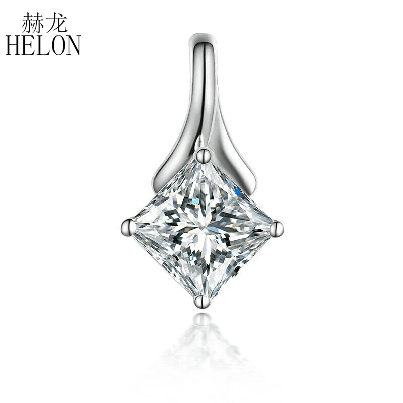 HELON Moissanite Pendant Real 18K 14K 10K White Gold 6.5MM Princess Cut Moissanite Pendant Women Birthday Anniversarry Best Gift