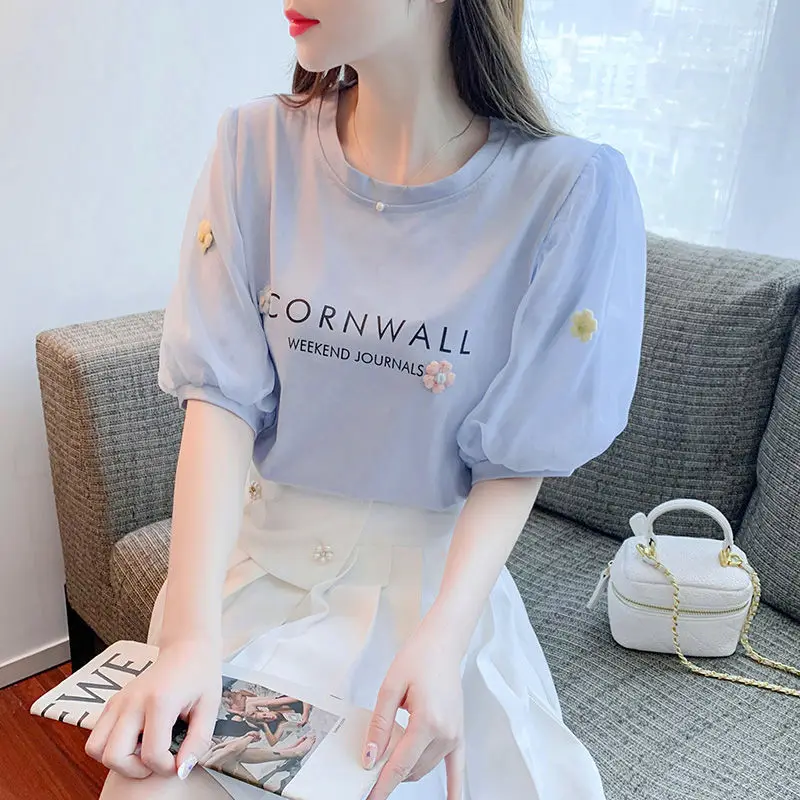 2033 New Summer Fashion Simple Round Neck Letter Print Loose Casual 3D Flower Ladies Sweet Lantern Sleeves Off Shoulder T-shirt