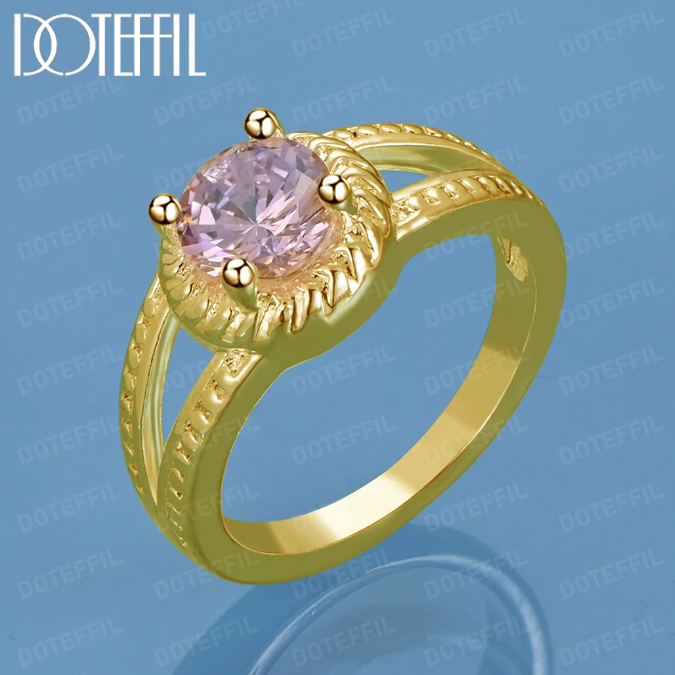 

DOTEFFIL 18K Gold Round Pink AAA Zircon Ring For Man Women Fashion Wedding Engagement Party Gift Charm Jewelry