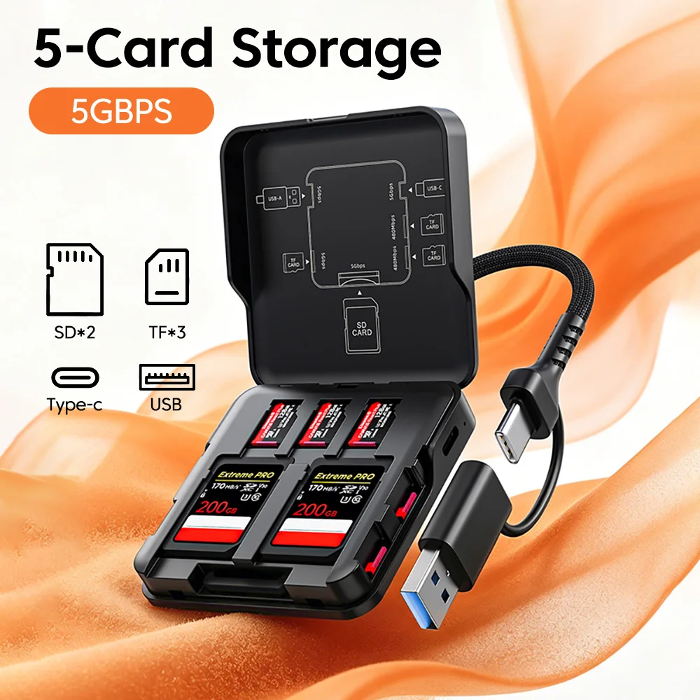 Estojo Portátil para Cartões de Memória USB/Type-C3.0 com 5 Slots, Caixa de Armazenamento de Alta Velocidade para Cartões Micro SD/TF