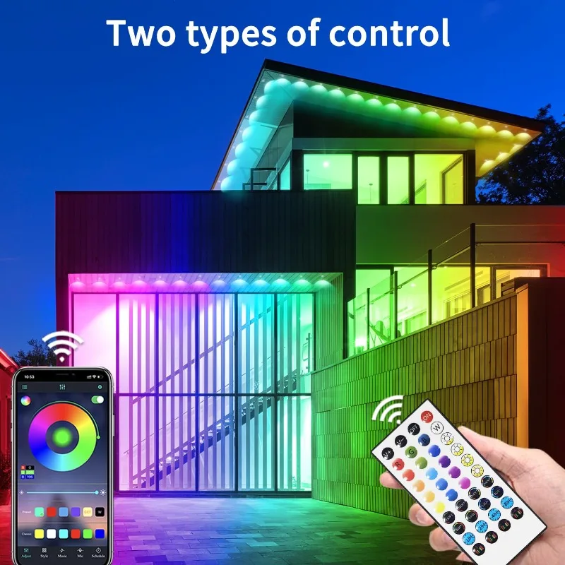Beirais ao ar livre luzes led ip67 à prova dip67 água corda de luz permanente com controle remoto para jardim pátio decoração festa lâmpada