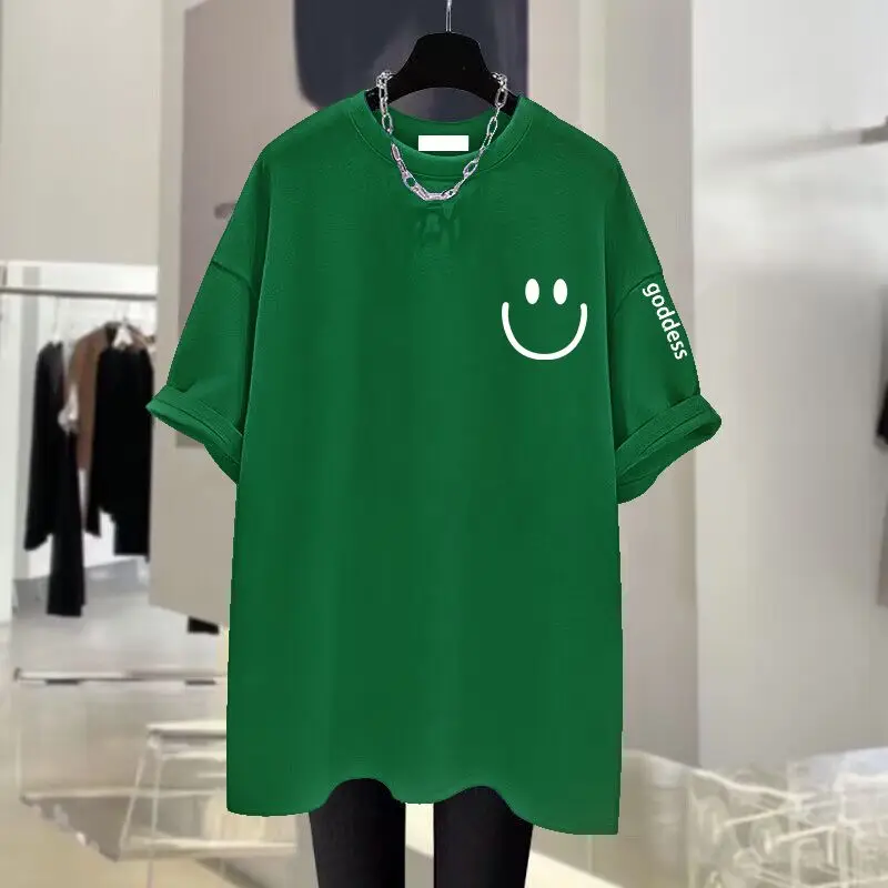 Women Clothing Casual Fashion Smiling Face Printing T-shirt Summer Pure Cotton O-neck Short Sleeve Basic Tee Oversized Chic Tops
