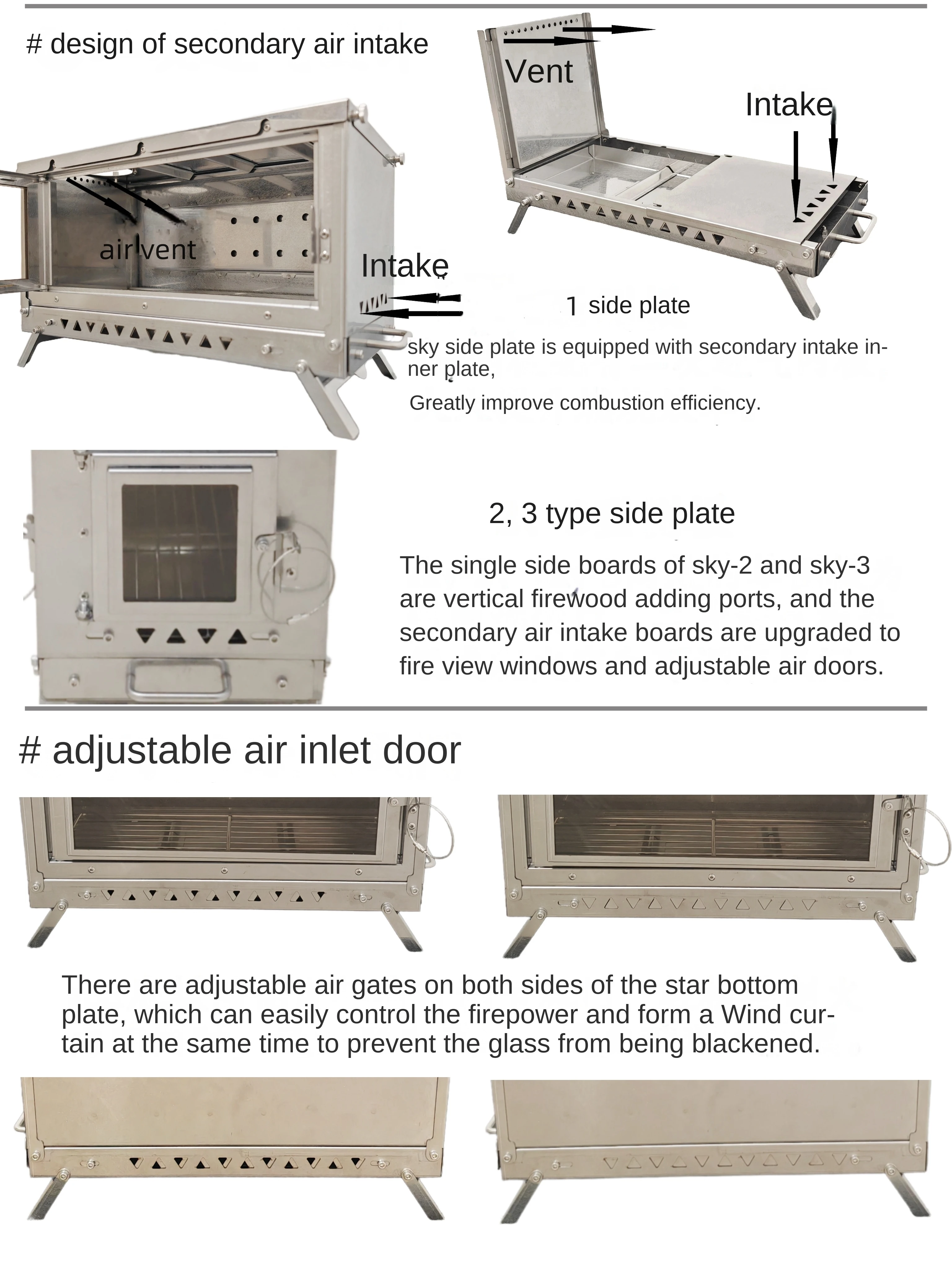WT-Sky-309 Plug-in foldable high temperature and deformation resistant ash tray tent camping wood stove secondary intake air hea