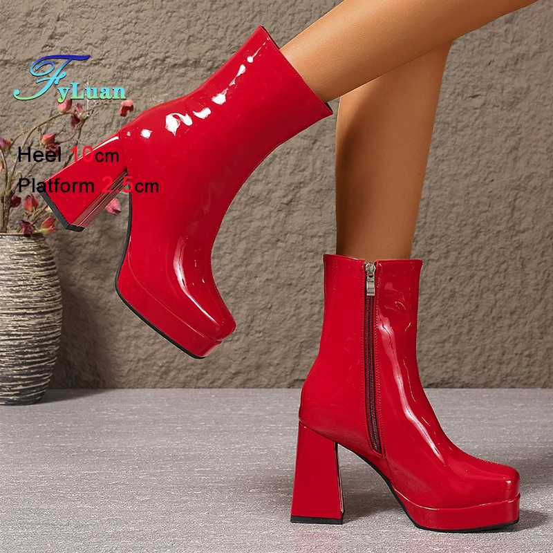

Однотонные ботильоны из лакированной кожи, женская обувь на толстом каблуке 10 см с боковой молнией, новинка 2025, брендовые осенние и зимние женские эластичные ботинки