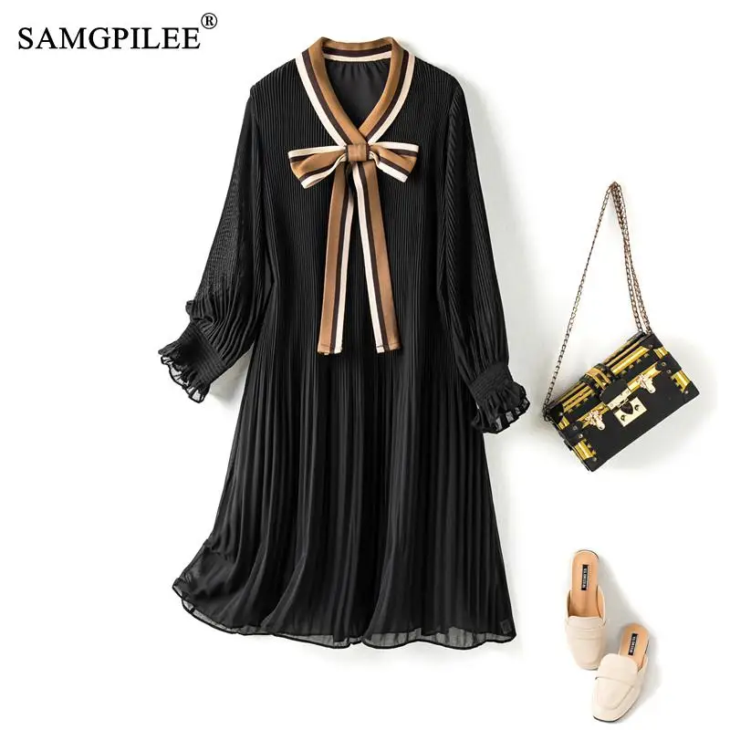 

SAMGPILEE Elegant Dresses For Women 2022 New European Bow V-neck Pinch Pleated Stretch Chiffon Long-sleeved Pleated Dress Woman