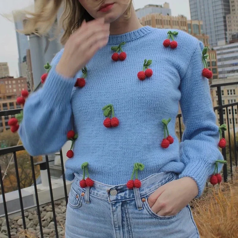 Foridol hand-made cherry sweater women vintage crochet blue pullovers autumn winter streetwear casual oversized sweater 2024