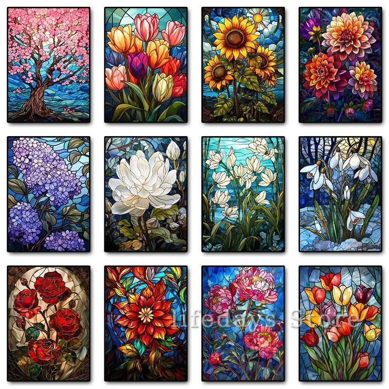 Floral Stained Glass Tulip Sakura Snowdrops Sunflower Rose Poster Canvas Printing Wall Art Picture for Living Room Home Decor