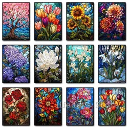 Floral Stained Glass Tulip Sakura Snowdrops Sunflower Rose Poster Canvas Printing Wall Art Picture for Living Room Home Decor