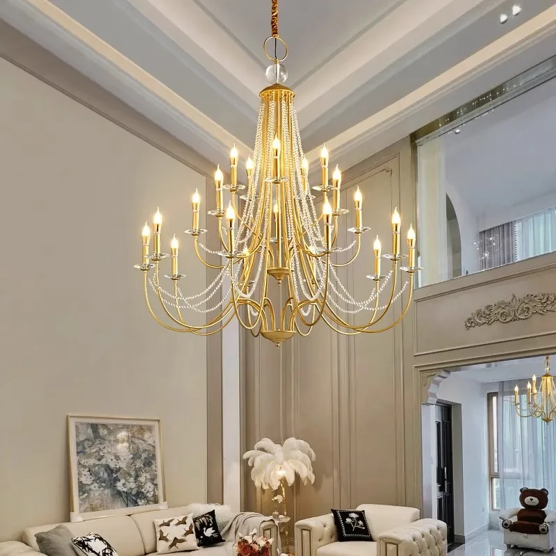 

French retro crystal lamp living room large chandelier American candle romantic light luxury staircase duplex high-rise bedroom