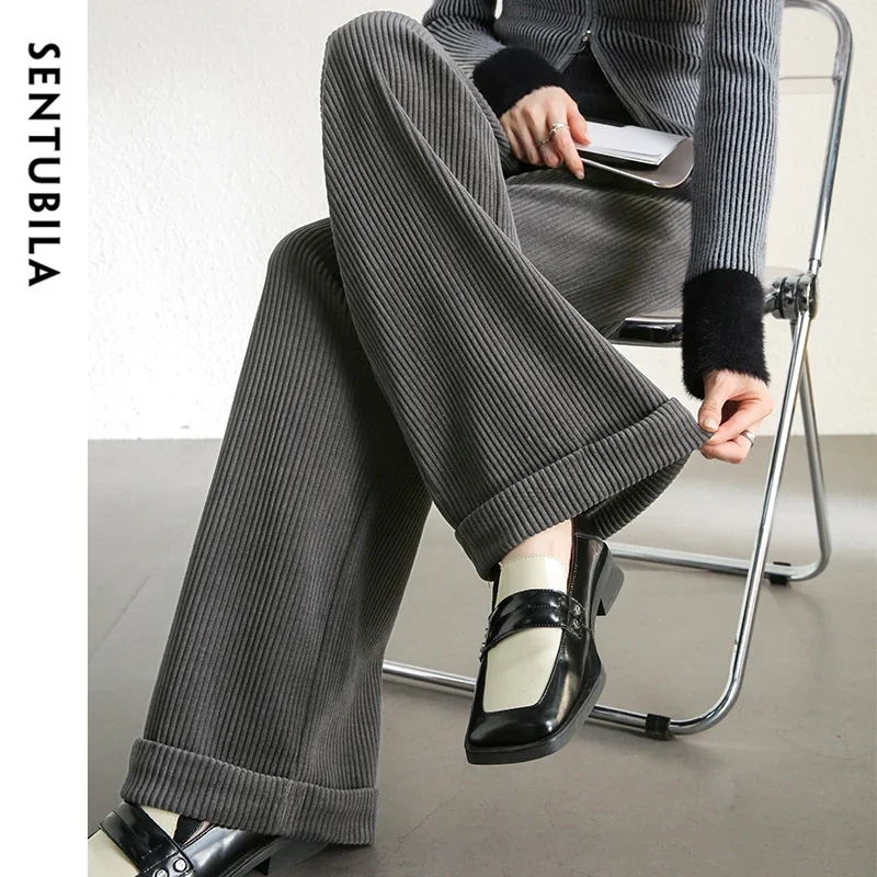 SENTUBILA Casual Loose Pants Women 2024 Winter Elastic Waist Wid-leg Pant Fashion Solid Folds Trousers Female Clothing 134K52809