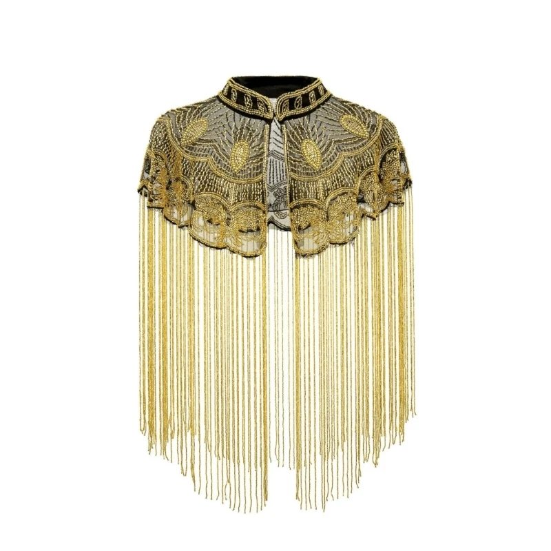 Embellished Fringe Capelet with a Stand Collar, Edging, and Long Hanging Fringe for Weddings and Formal Dances