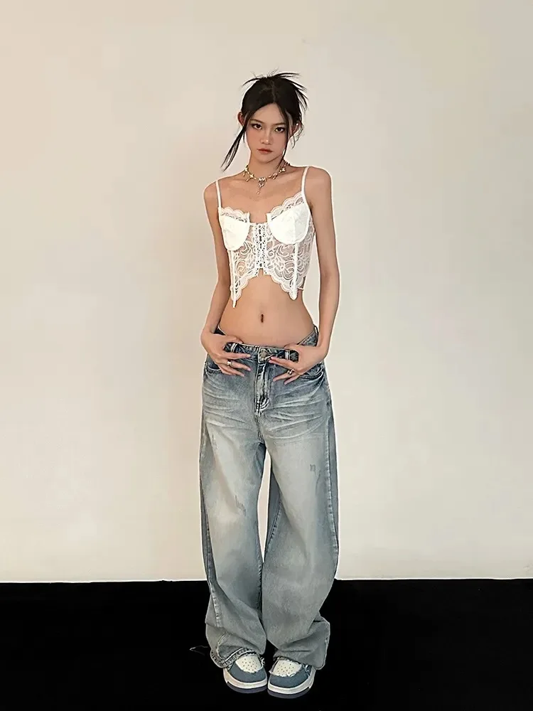 

Американские винтажные модные женские повседневные модные свободные широкие брюки с высокой талией, прямые потертые однотонные джинсовые брюки, женские джинсы