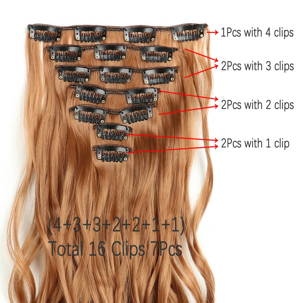 AZQUEEN Long Wavy Synthetic 16 Clip In  Hair Extensions 7Pcs/Set Natural Orange Golden Heat Resistant HairPiece For Women