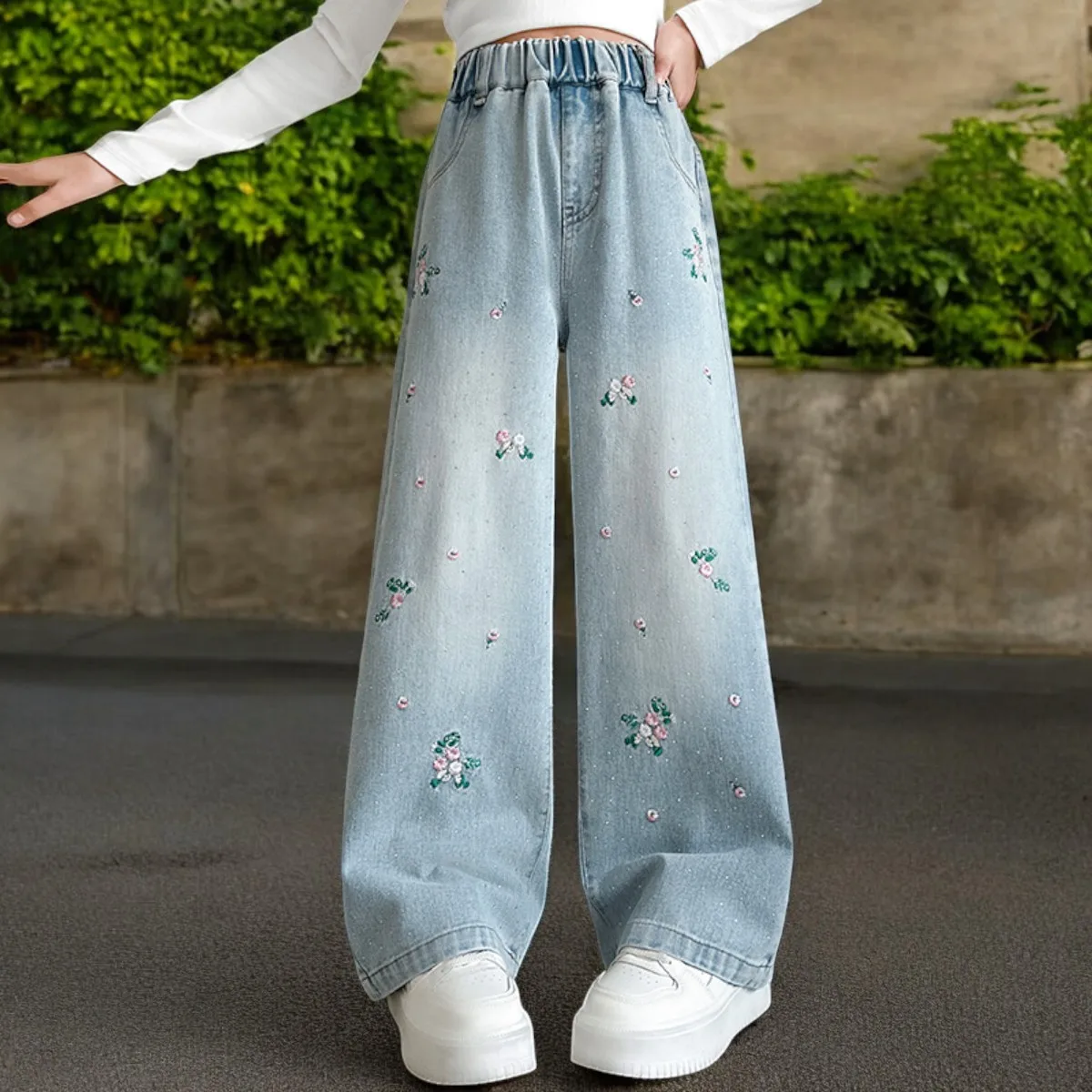 Girls Flower Print Pants Toddler Kids Jeans Children Floral Trousers Teenagers School Outfits Baby Clothes 5 7 9 10 12 13 Years