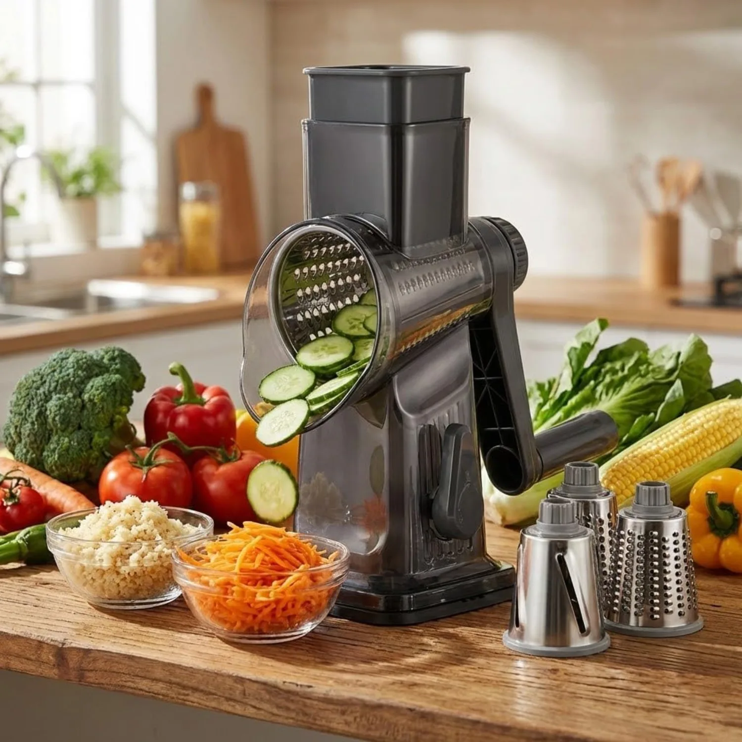 Rotary Shredder Slicer Grater with Handle Ice Shaver Cheese Vegetable Nuts Potato Zucchini Chocolate 3 Interchangeable Blades