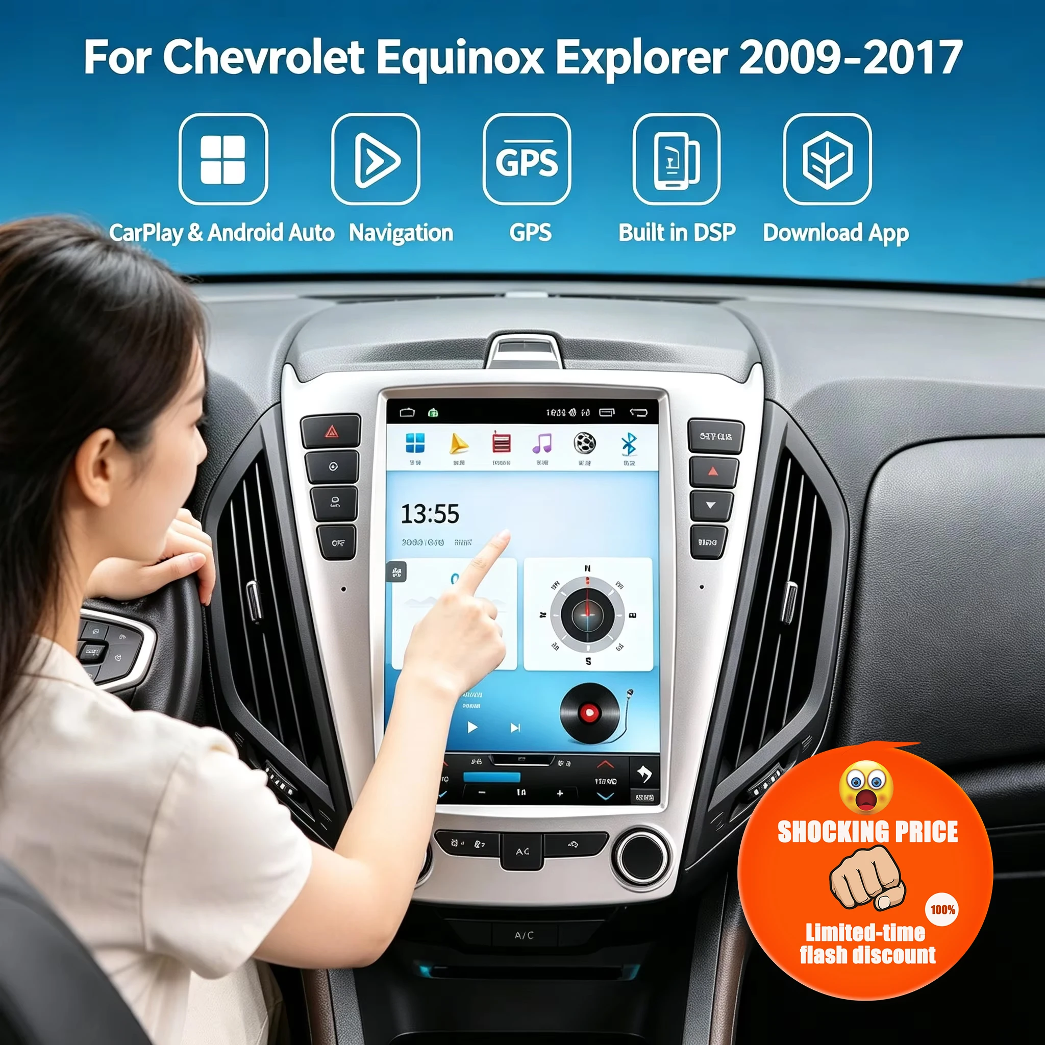 HD Touch Android 13.0 Wireless CarPlay Car Radio Automotive Multimedia Bluetooth 4G GPS For Chevrolet Equinox Explorer 2009‑2017