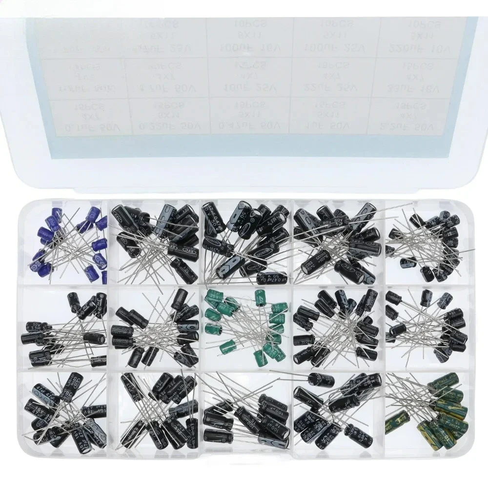 200pcs/lot Radial capacitors set 15Values 10V 16V 25V 50V 0.1uF-220uF Electrolytic Capacitor Assortment Kit 0.22uf 2.2uf 100uf