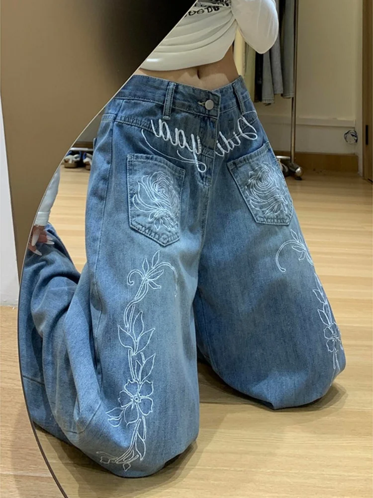 Retro Washed Embroidered Floral Wide Leg Denim Jeans Women's Summer Lazy Design Loose Slimming Knife Pants American Style Hig...