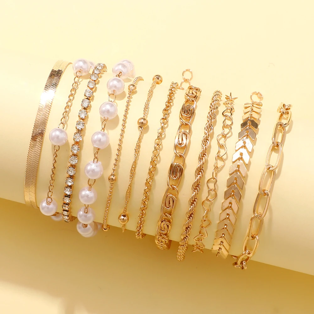 10Pcs Women Imitation Pearl Rhinestone Chain Bracelet Set Women Mixed Style Stackable Layered Bracelets Wedding Daily Accessorie